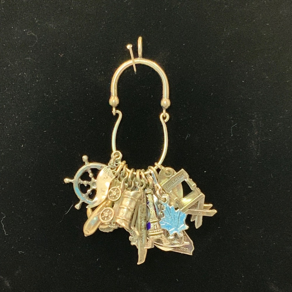 Vintage Sterling Silver Charm Holder Pendant with 10 Travel Souvenir Charms 925